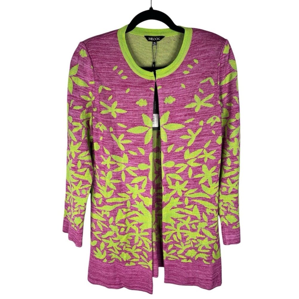 MISOOK Women's Pink Green Leaf Pattern Sweater Cardigan NWT XS
